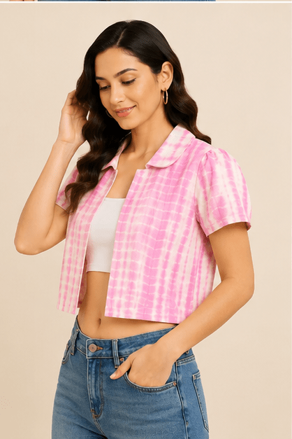 Pink & White Leheriya-Style Tie-Dye Cropped Jacket with Puff Sleeves - Image 5
