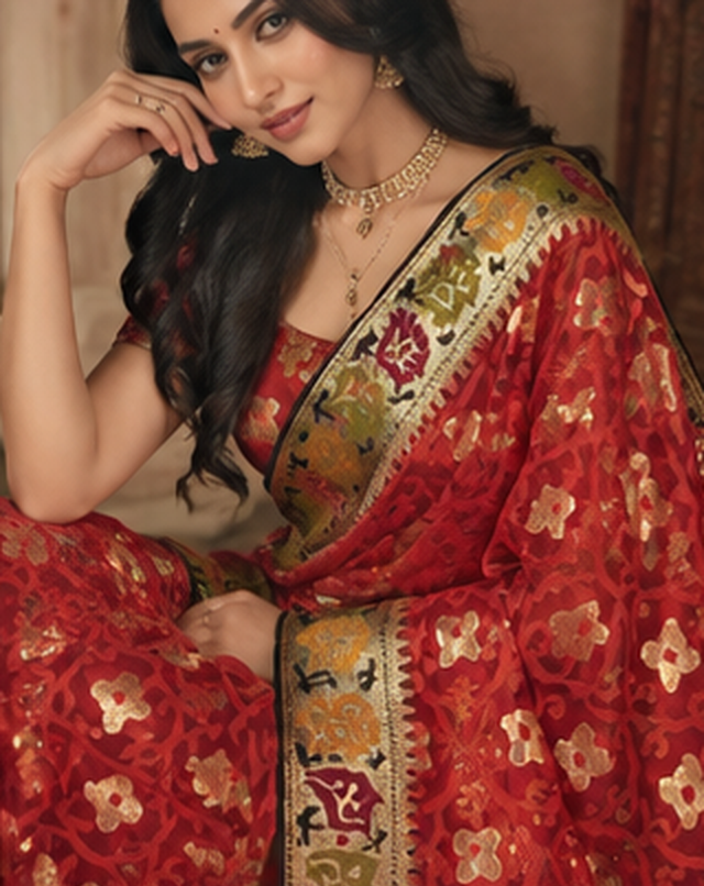 Handloom Net Saree with Banarasi Zari Borders & Floral Butti - Image 3