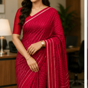 Red Handloom Ikkat Cotton Saree with Linear Patterns & geometrical print