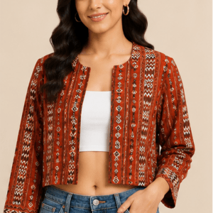 Rust Red Tribal Print Cotton Cropped Shrug Jacket