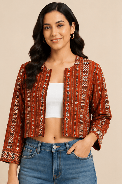 Rust Red Tribal Print Cotton Cropped Shrug Jacket