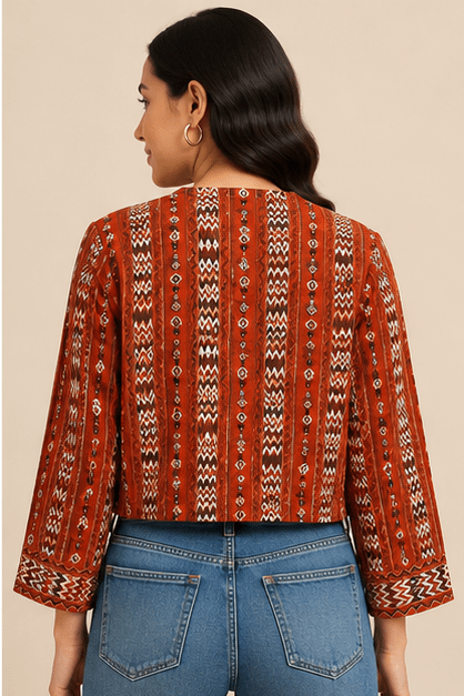 Rust Red Tribal Print Cotton Cropped Shrug Jacket - Image 4
