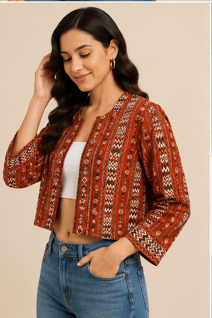Rust Red Tribal Print Cotton Cropped Shrug Jacket - Image 5