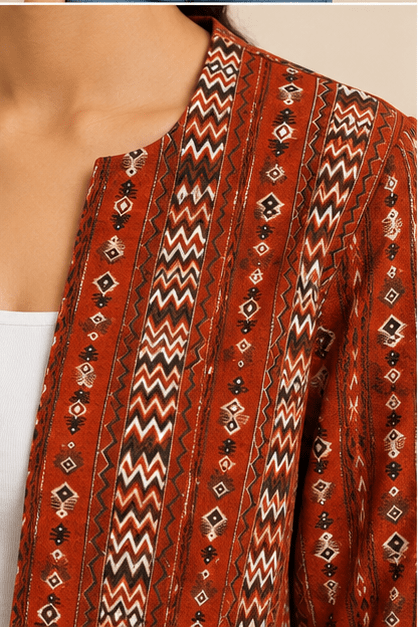 Rust Red Tribal Print Cotton Cropped Shrug Jacket - Image 6
