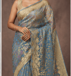 Neel-Ambar Handloom Net Saree with Antique Gold Floral Jali & Meenakari Accents