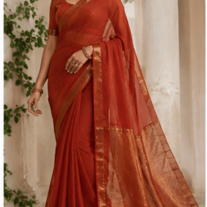 Rust Terracotta Georgette Saree with Antique Gold Zari Border
