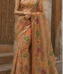 Dhaga "Vintage Muse" Handloom Organza-Net Saree with Floral Digital Print & Zari Border