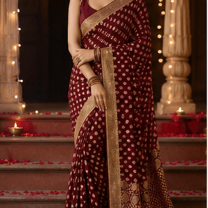 Maroon Georgette Saree with Traditional Golden Butti & Golden Zari Border with Handwork