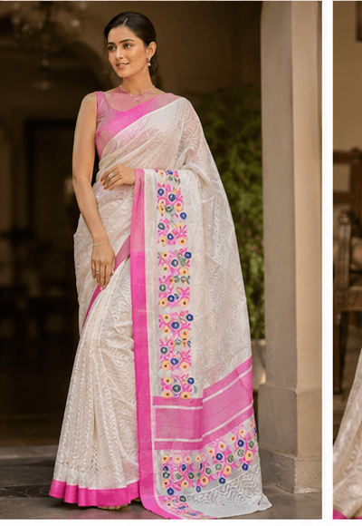 Shwet-Chavi Handloom Organza-Net Saree with Rani Pink Borders & Multi-Color Thread Embroidery - Image 8