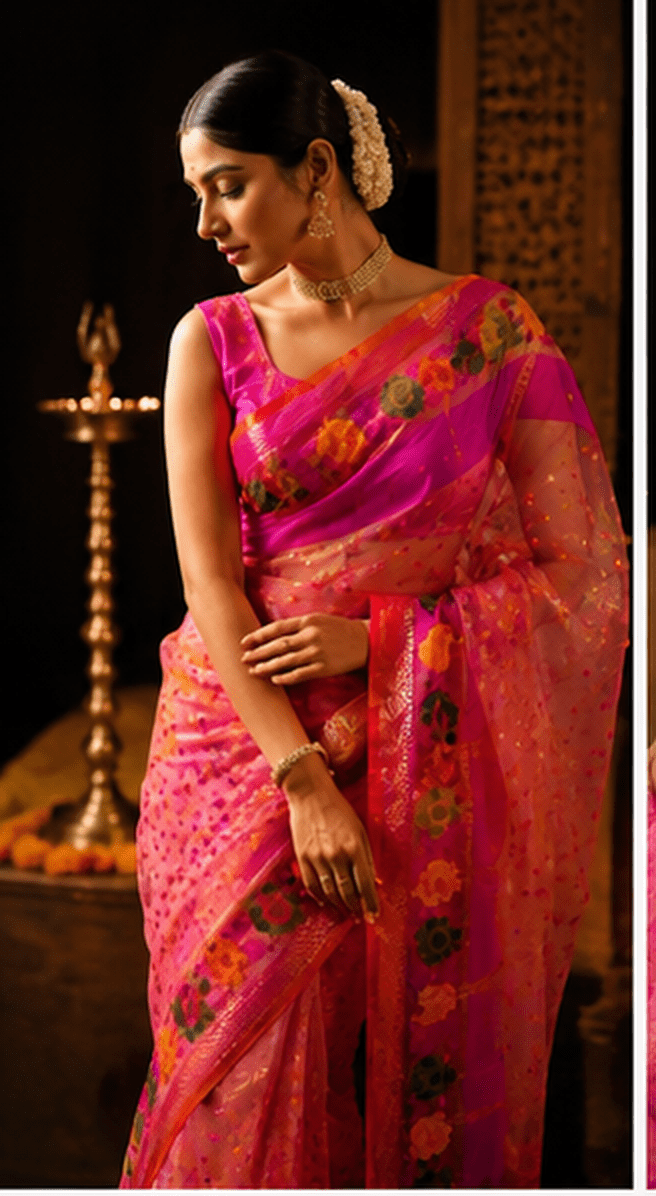 Gulabi-Baag Handloom Net Saree with Floral Jamdani-style Weave & Zari Accents - Image 4