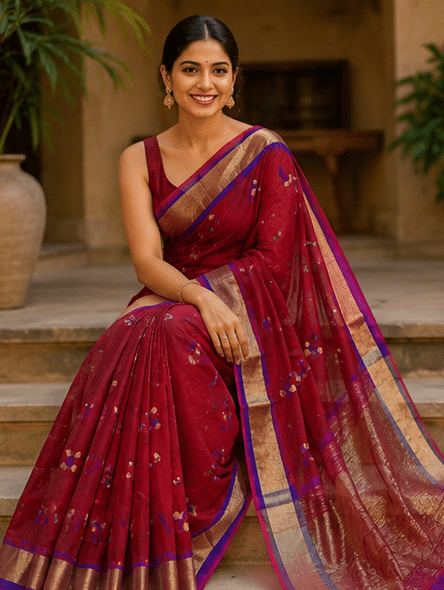 Maroon Chanderi Silk Saree with Copper Zari Border - Image 7