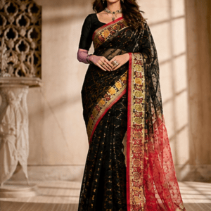 Dhaga Handloom Maroon Net Saree with rust and black Intricate Zari Border and Contrast Black Blouse