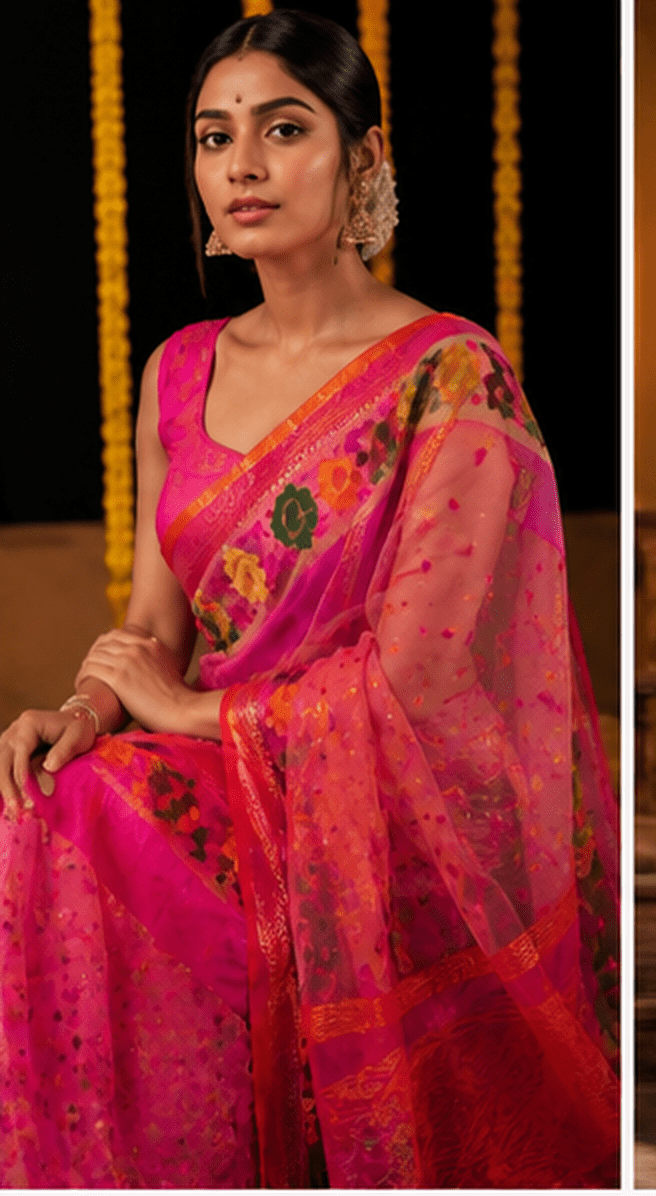 Gulabi-Baag Handloom Net Saree with Floral Jamdani-style Weave & Zari Accents - Image 5