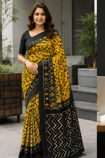 Mustard Yellow & Charcoal Black Handloom Ikkat Cotton Saree - Image 3