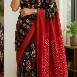 Midnight Black & Crimson Red Handloom Ikkat Cotton Saree