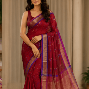 Maroon Chanderi Silk Saree with Copper Zari Border