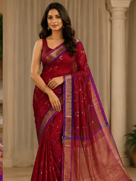 Maroon Chanderi Silk Saree with Copper Zari Border