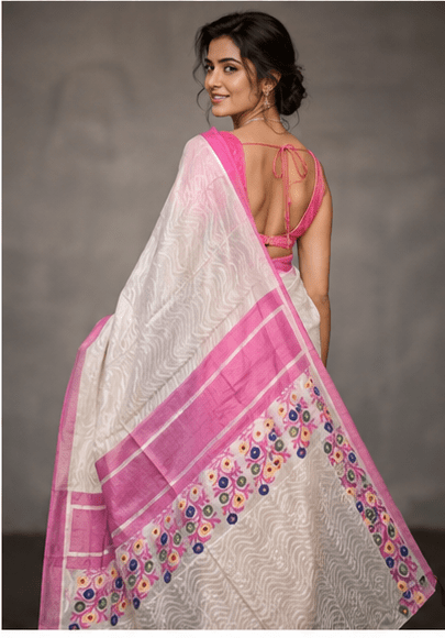 Shwet-Chavi Handloom Organza-Net Saree with Rani Pink Borders & Multi-Color Thread Embroidery - Image 7