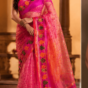 Gulabi-Baag Handloom Net Saree with Floral Jamdani-style Weave & Zari Accents
