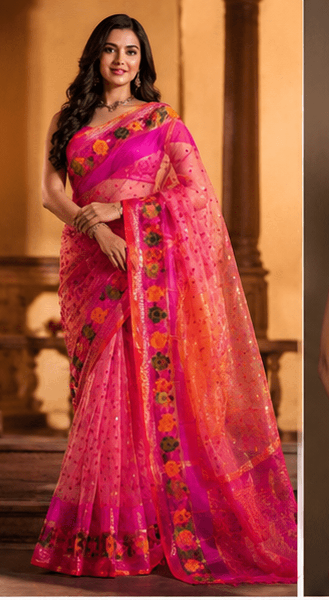 Gulabi-Baag Handloom Net Saree with Floral Jamdani-style Weave & Zari Accents