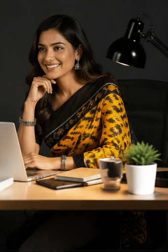 Mustard Yellow & Charcoal Black Handloom Ikkat Cotton Saree - Image 4
