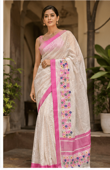 Shwet-Chavi Handloom Organza-Net Saree with Rani Pink Borders & Multi-Color Thread Embroidery - Image 6