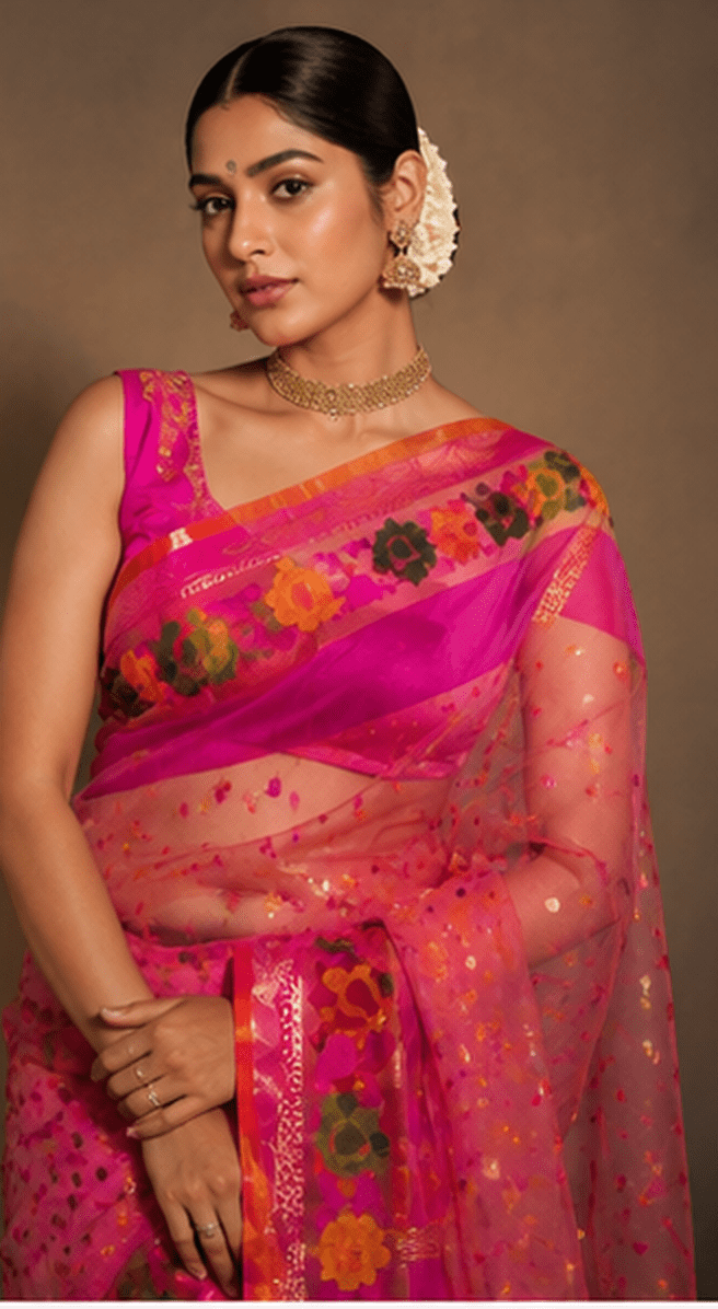 Gulabi-Baag Handloom Net Saree with Floral Jamdani-style Weave & Zari Accents - Image 7