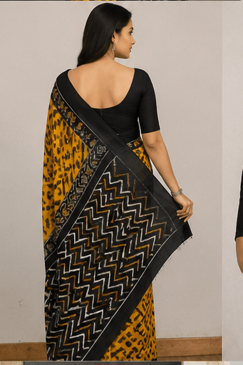 Mustard Yellow & Charcoal Black Handloom Ikkat Cotton Saree - Image 5
