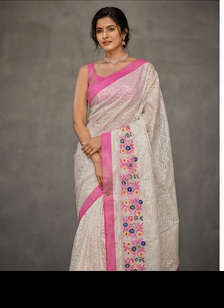 Shwet-Chavi Handloom Organza-Net Saree with Rani Pink Borders & Multi-Color Thread Embroidery - Image 5