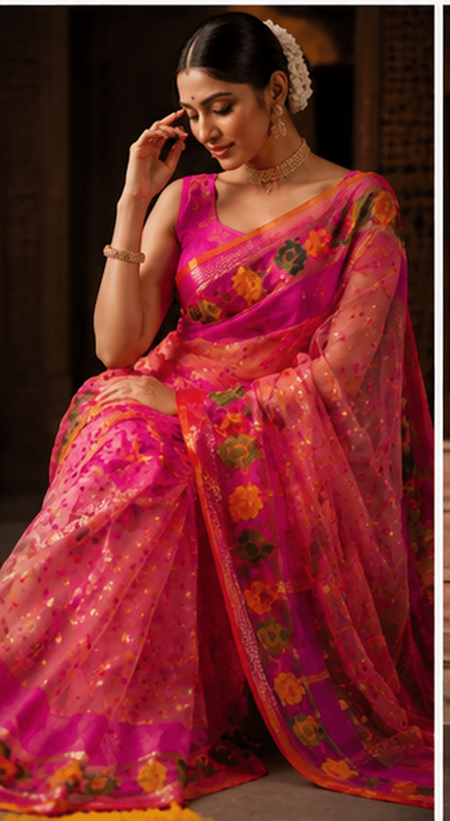 Gulabi-Baag Handloom Net Saree with Floral Jamdani-style Weave & Zari Accents - Image 8
