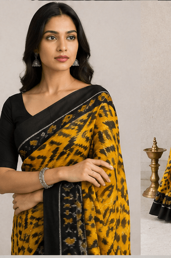 Mustard Yellow & Charcoal Black Handloom Ikkat Cotton Saree - Image 6