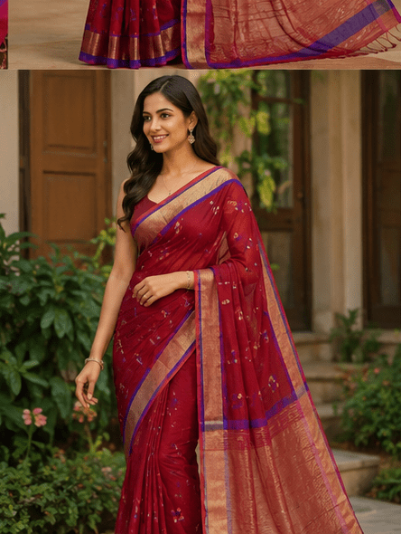 Maroon Chanderi Silk Saree with Copper Zari Border - Image 5
