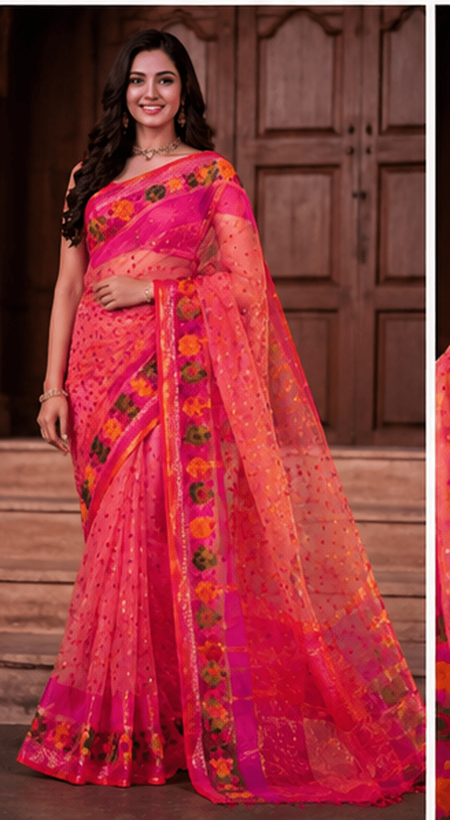 Gulabi-Baag Handloom Net Saree with Floral Jamdani-style Weave & Zari Accents - Image 9