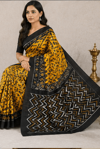 Mustard Yellow & Charcoal Black Handloom Ikkat Cotton Saree - Image 7
