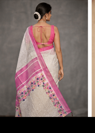 Shwet-Chavi Handloom Organza-Net Saree with Rani Pink Borders & Multi-Color Thread Embroidery - Image 3