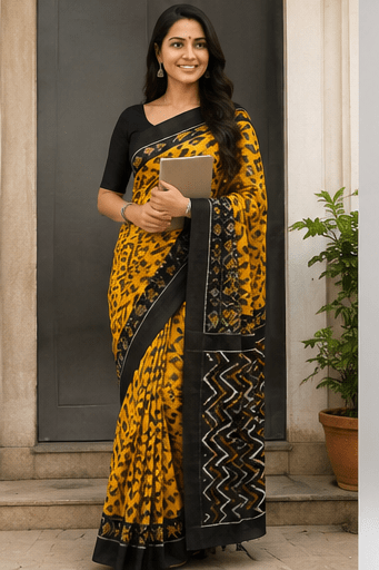Mustard Yellow & Charcoal Black Handloom Ikkat Cotton Saree - Image 8