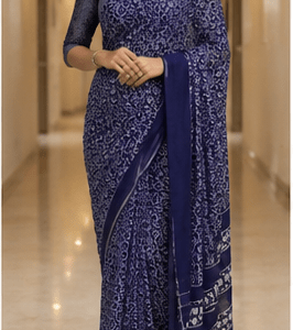 Fresh Blue Handloom Cotton Saree with Traditional Print & Geometric Pallu
