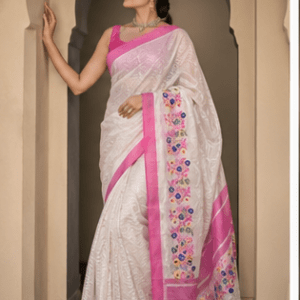 Shwet-Chavi Handloom Organza-Net Saree with Rani Pink Borders & Multi-Color Thread Embroidery