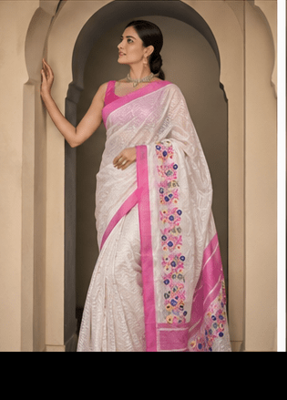 Shwet-Chavi Handloom Organza-Net Saree with Rani Pink Borders & Multi-Color Thread Embroidery