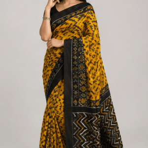 Mustard Yellow & Charcoal Black Handloom Ikkat Cotton Saree