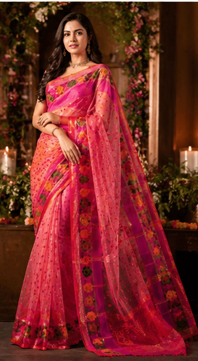 Gulabi-Baag Handloom Net Saree with Floral Jamdani-style Weave & Zari Accents - Image 3