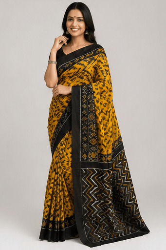 Mustard Yellow & Charcoal Black Handloom Ikkat Cotton Saree