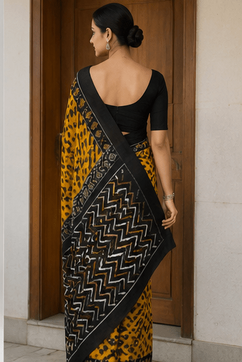 Mustard Yellow & Charcoal Black Handloom Ikkat Cotton Saree - Image 10