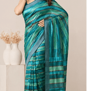 Ocean Teal Ghicha Silk Saree with Multicolour Horizontal Stripes & Zari Border