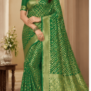 Emerald Green Handmade Bandhej  Georgette Saree with Zari Border