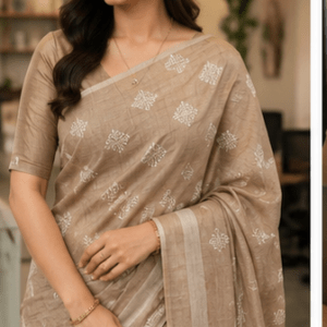 Beige Handloom Tussar Silk Saree with Geometric Butta & Silver Zari Border