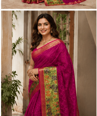 Dhaga Signature Magenta Handloom Net Saree with Kalamkari-Inspired Border - Image 11