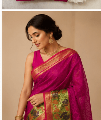 Dhaga Signature Magenta Handloom Net Saree with Kalamkari-Inspired Border - Image 12