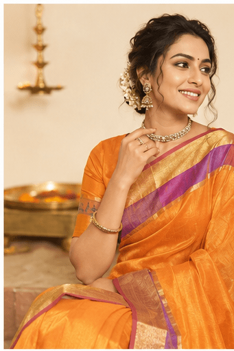 Sunlit Amber Chanderi Silk Saree with Lavender Zari Border - Image 3