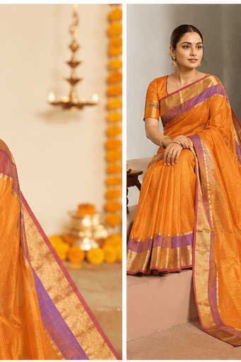 Sunlit Amber Chanderi Silk Saree with Lavender Zari Border - Image 4